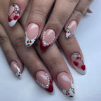 Handmade Cherry Heart French Tip Pearl Accent Red Art Press on Nails Y74