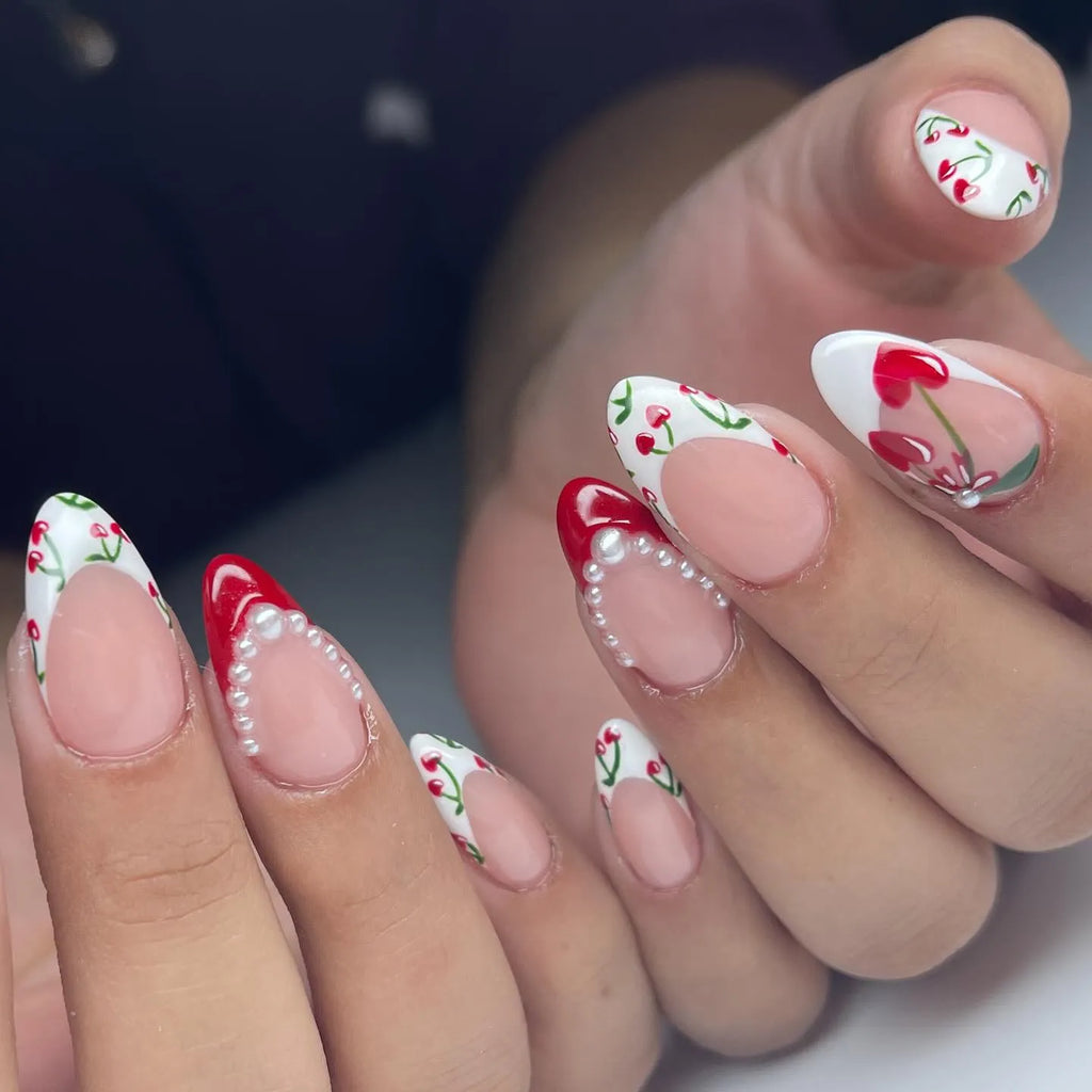 Handmade Cherry Heart French Tip Pearl Accent Red Art Press on Nails Y74