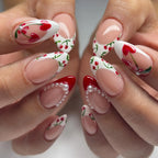 Handmade Cherry Heart French Tip Pearl Accent Red Art Press on Nails Y74