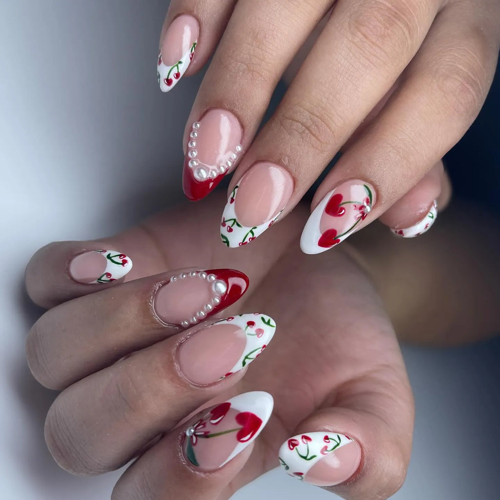 Handmade Cherry Heart French Tip Pearl Accent Red Art Press on Nails Y74