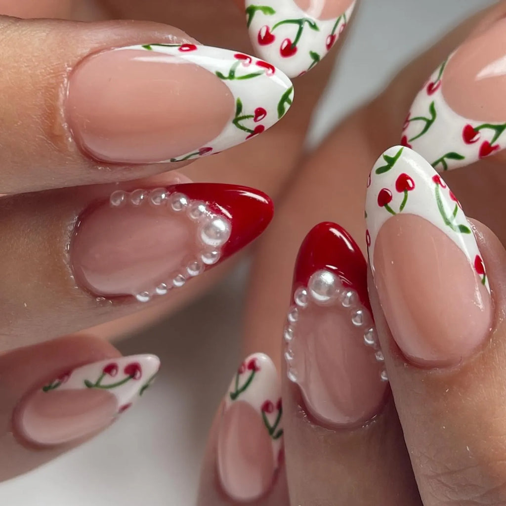Handmade Cherry Heart French Tip Pearl Accent Red Art Press on Nails Y74
