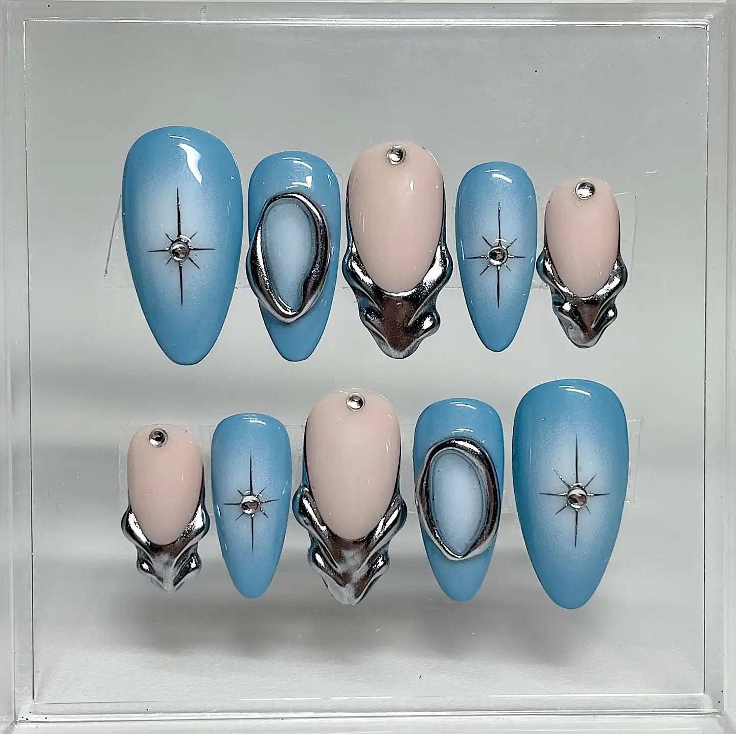 Handmade Blue Ombre Metallic Silver Chrome Starburst Press on Nails H92