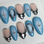 Handmade Blue Ombre Metallic Silver Chrome Starburst Press on Nails H92