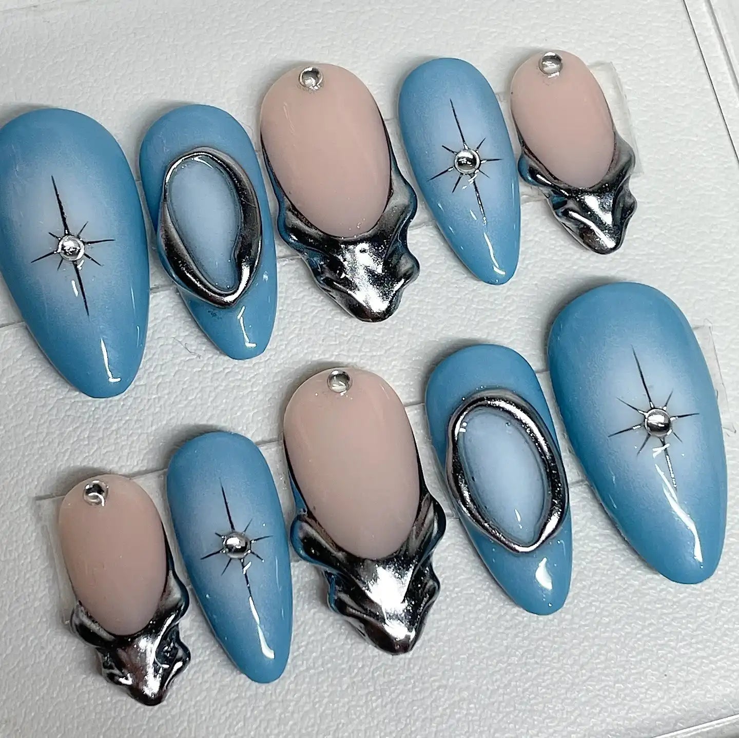Handmade Blue Ombre Metallic Silver Chrome Starburst Press on Nails H92