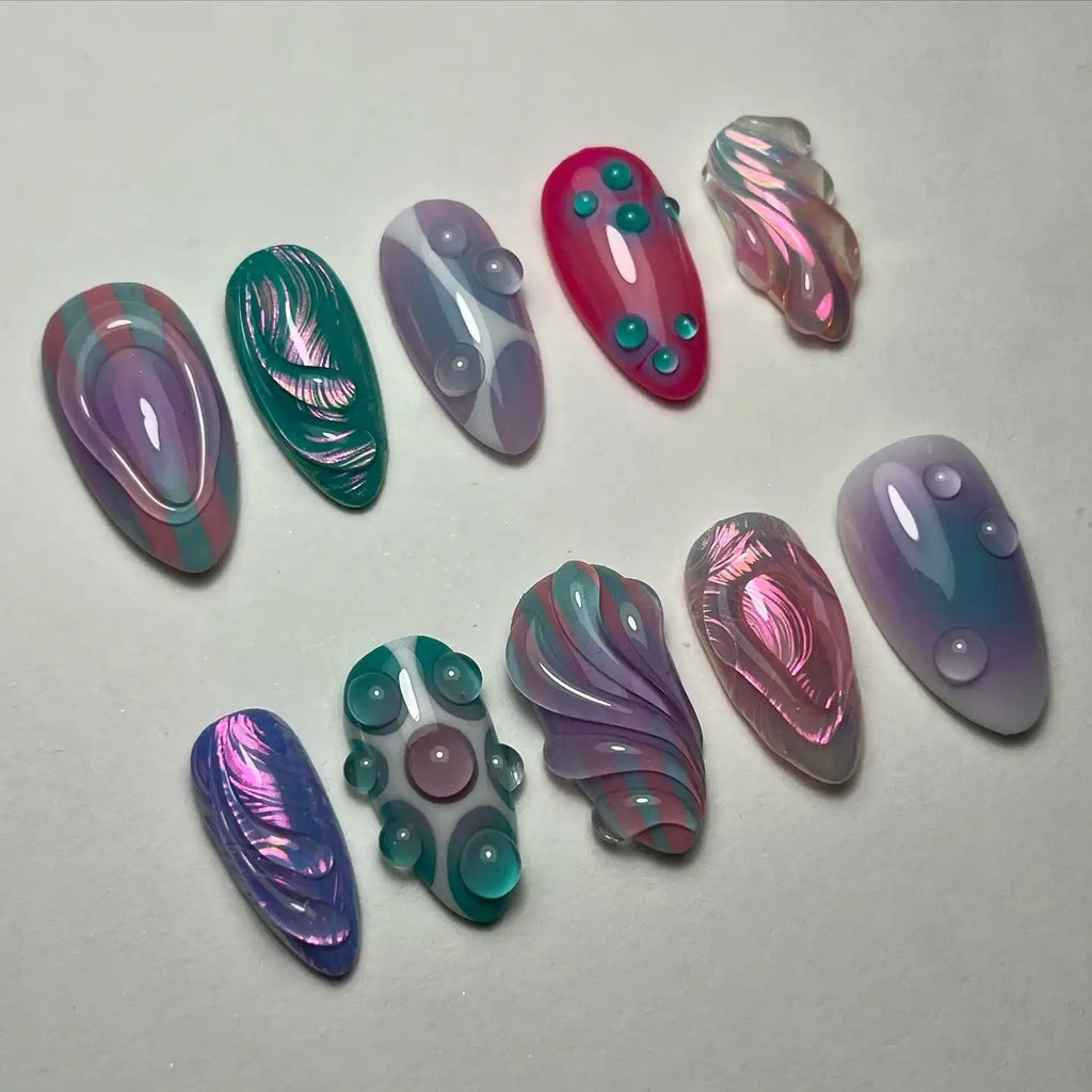 Handmade Abstract Mermaid Purple Teal Water Drop Press on Nails W94