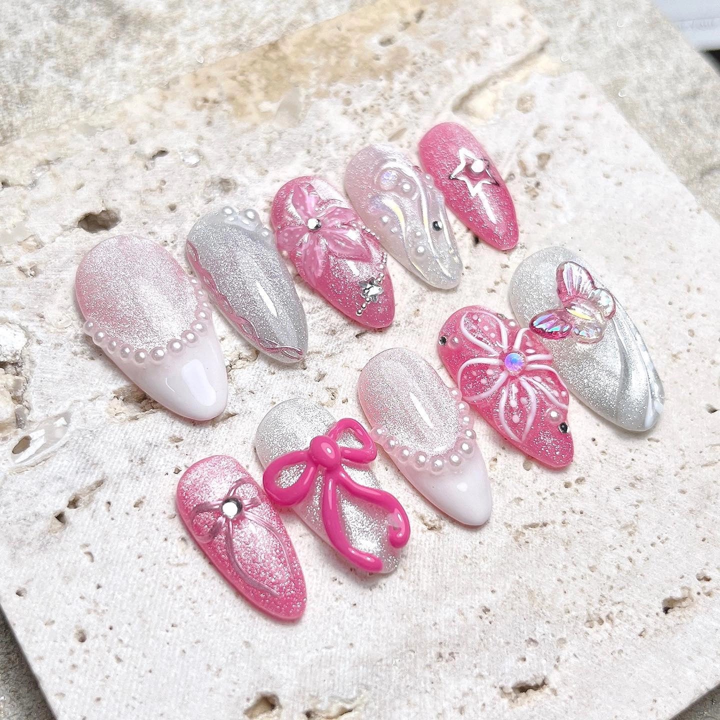 Handmade Cat Eye Pink Shimmer 3D Flower Pearl Bow Press on Nails Z34
