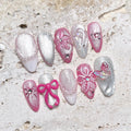 Handmade Cat Eye Pink Shimmer 3D Flower Pearl Bow Press on Nails Z34