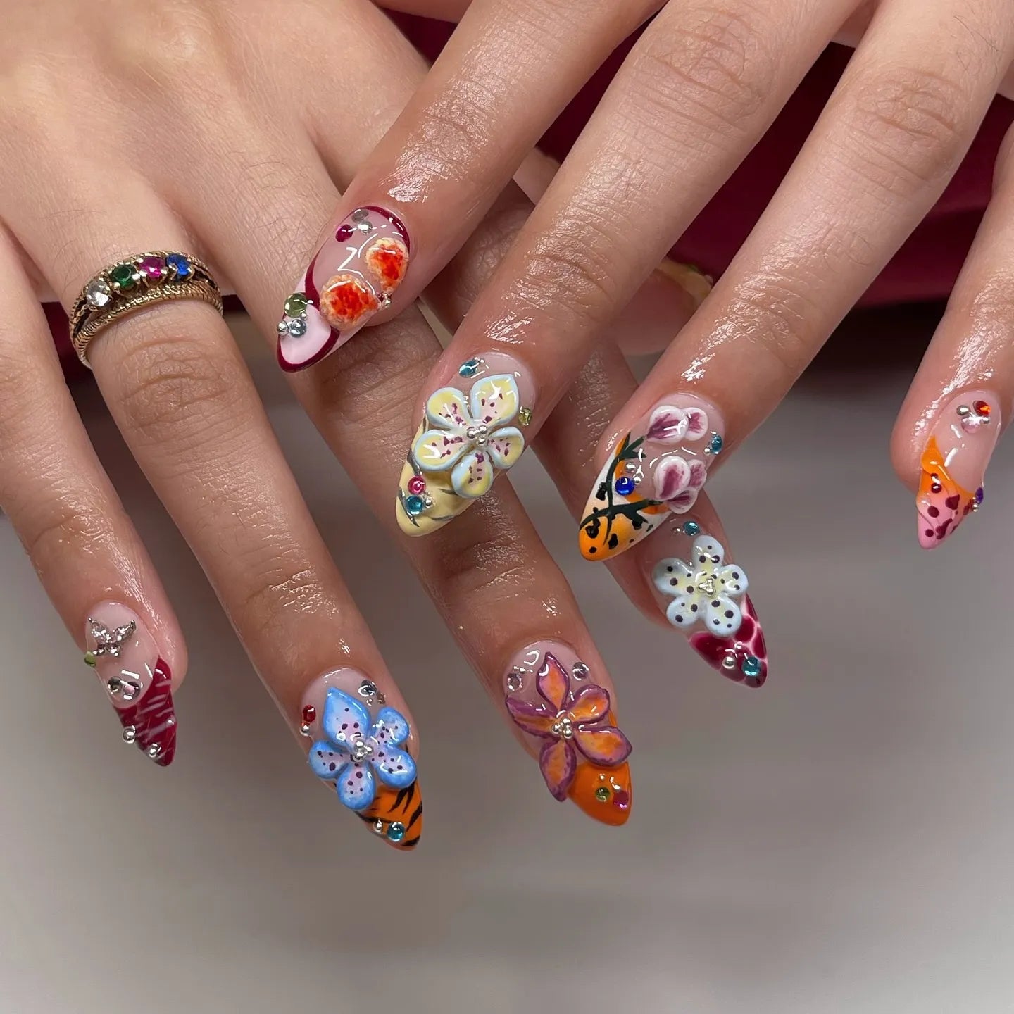 Handmade Abstract 3D Flower Bling Colorful Summer Press on Nails R06