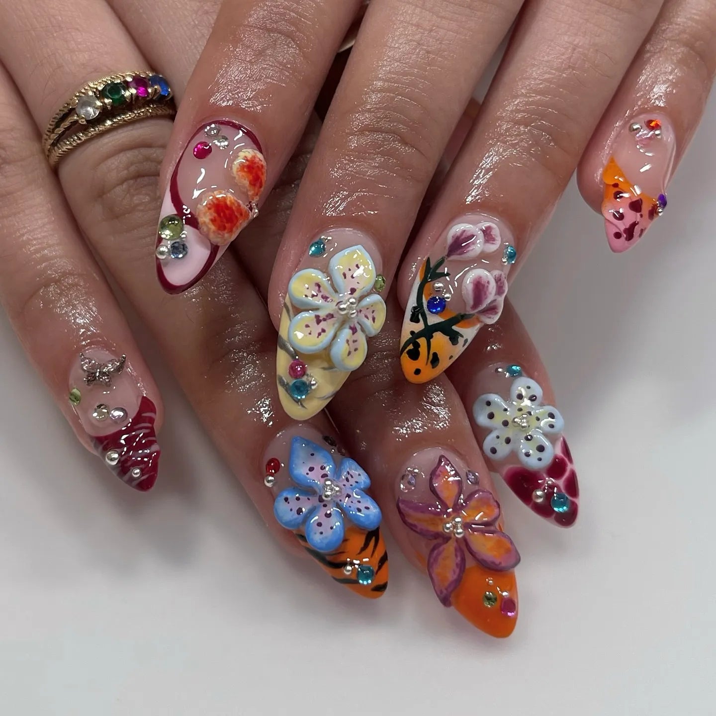 Handmade Abstract 3D Flower Bling Colorful Summer Press on Nails R06