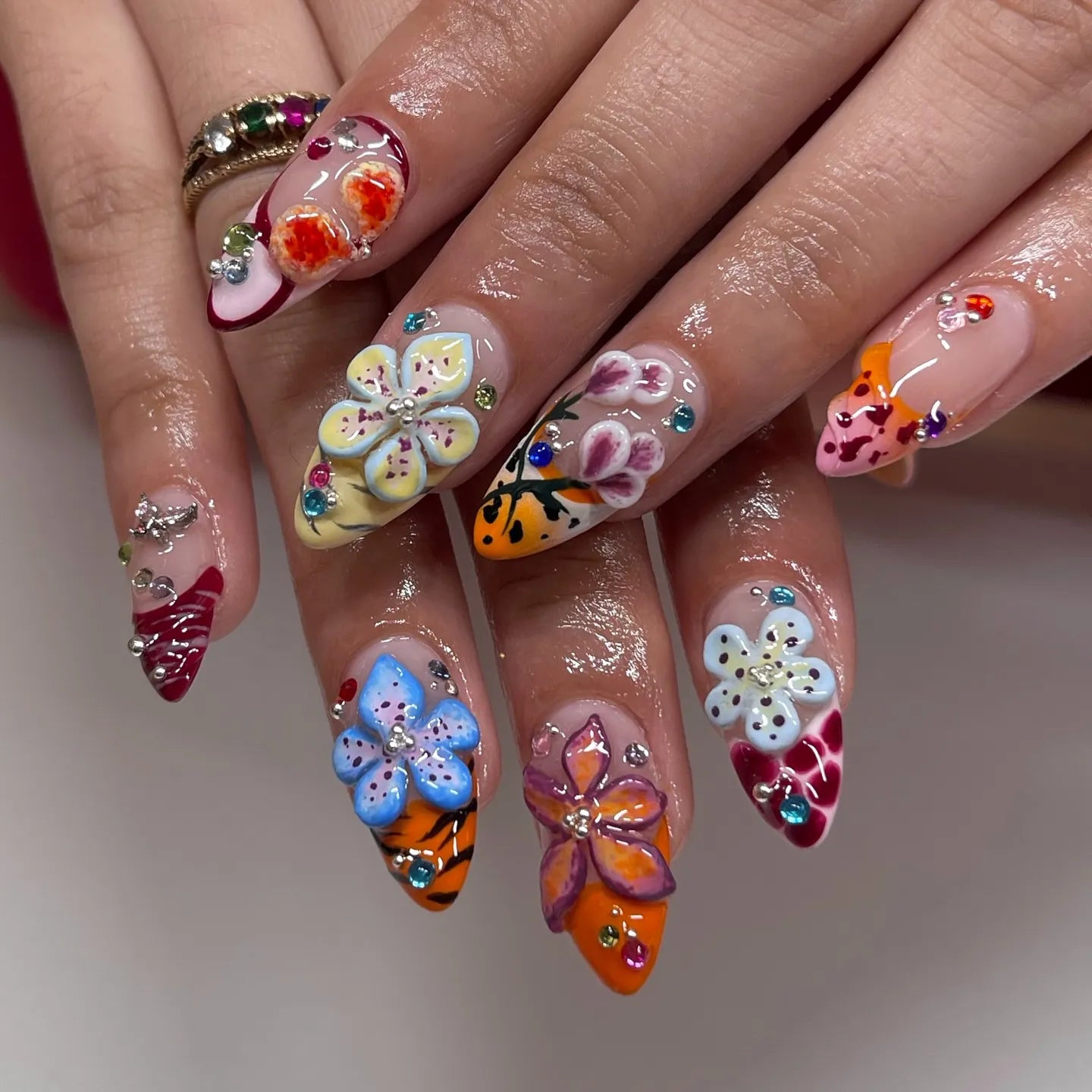 Handmade Abstract 3D Flower Bling Colorful Summer Press on Nails R06