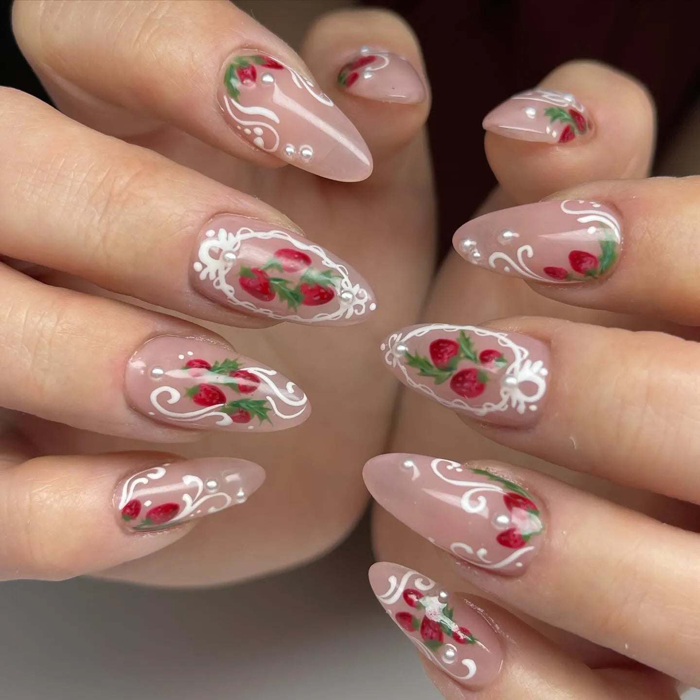 Hand-painted Strawberry Lace French Tip Pearl Aesthetic Press on Nails G18