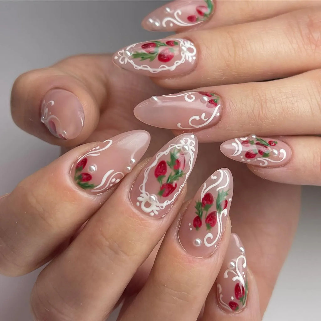 Hand-painted Strawberry Lace French Tip Pearl Aesthetic Press on Nails G18
