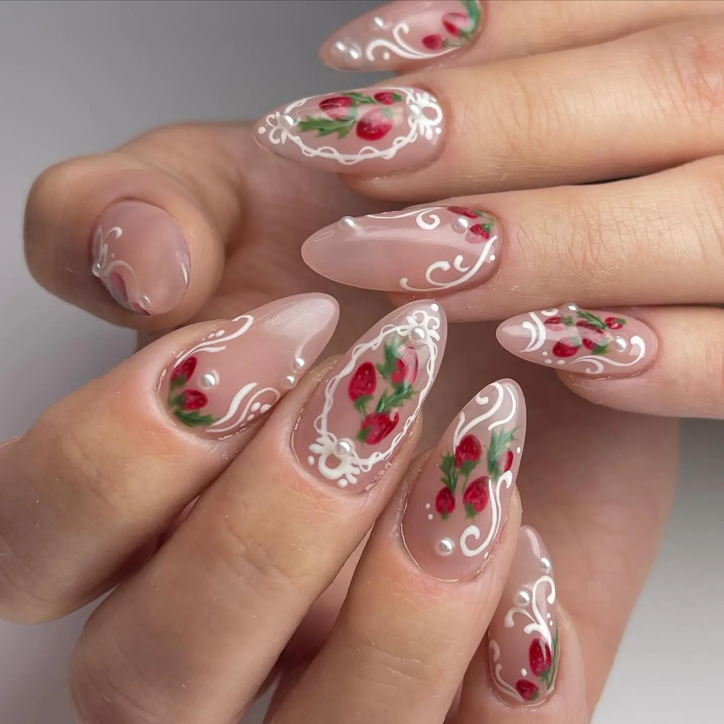 Hand-painted Strawberry Lace French Tip Pearl Aesthetic Press on Nails G18