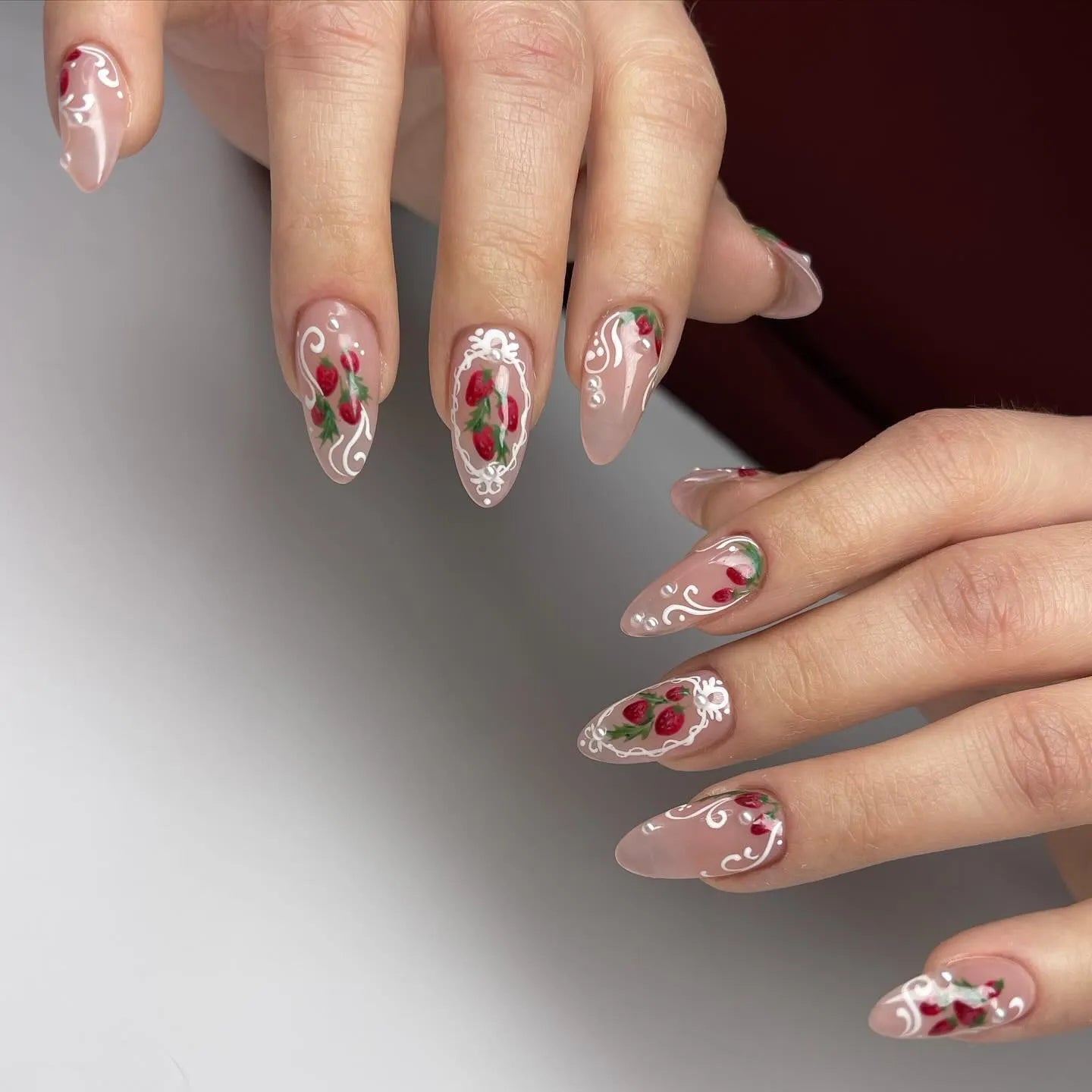 Hand-painted Strawberry Lace French Tip Pearl Aesthetic Press on Nails G18