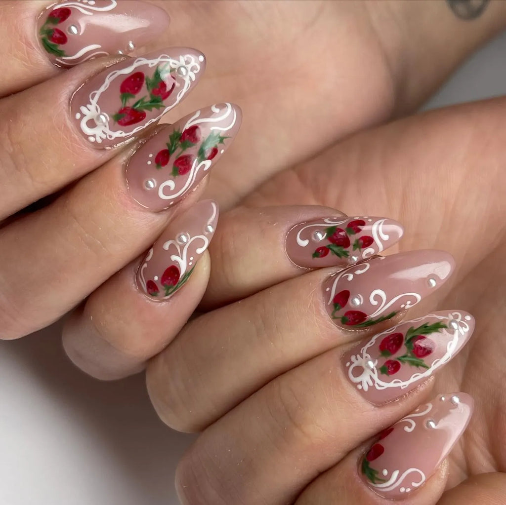 Hand-painted Strawberry Lace French Tip Pearl Aesthetic Press on Nails G18