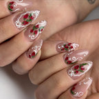 Hand-painted Strawberry Lace French Tip Pearl Aesthetic Press on Nails G18