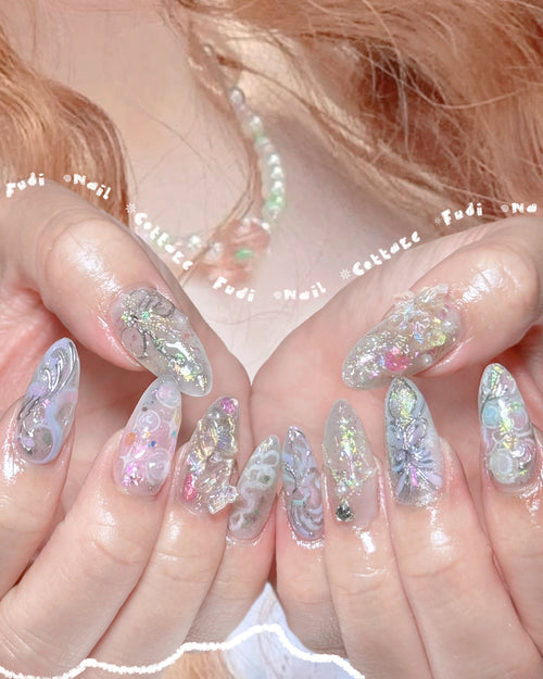 Opaline Daydream Press On Nails by FudiNails | Iridescent Holographic 3D Butterfly Nails | OA05LD
