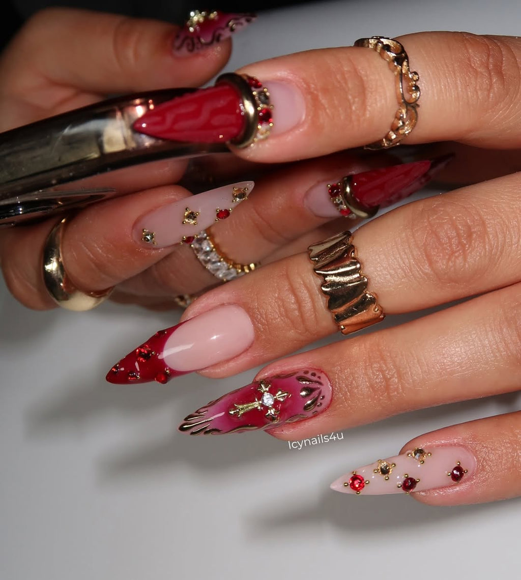 Burgundy Leopard & 3D Red Gem Press On Nails by Icy Nails 4u | Luxury Cat Eye Stiletto | OB03LU