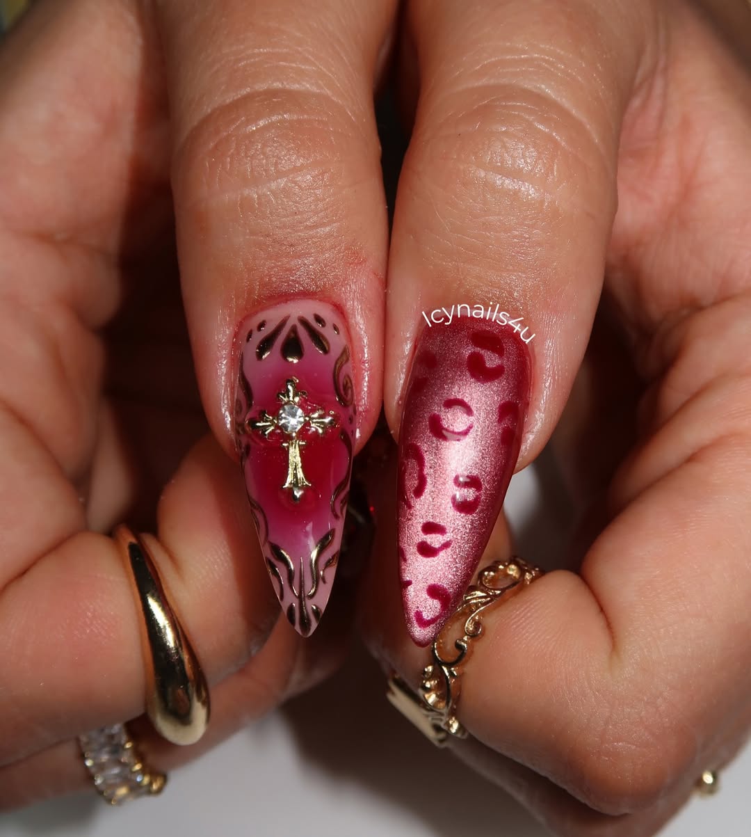 Burgundy Leopard & 3D Red Gem Press On Nails by Icy Nails 4u | Luxury Cat Eye Stiletto | OB03LU