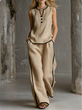 Contrast Trim Sleeveless Top & Wide-Leg Pants Two-Piece Set