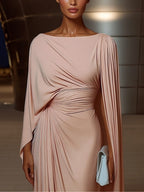 Pleated irregular drape slim-fit maxi dress