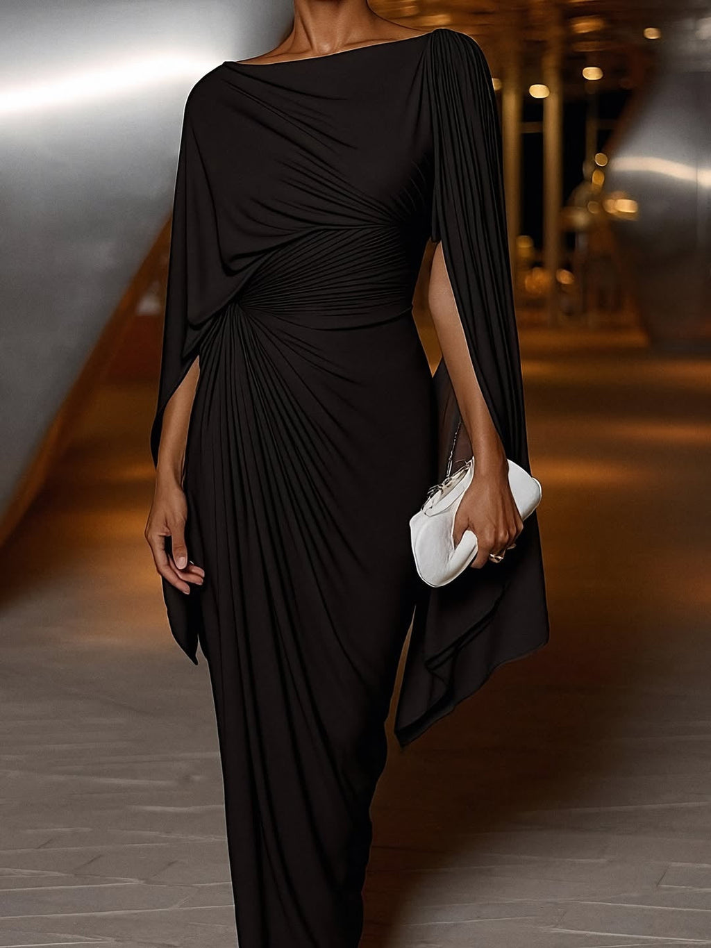 Pleated irregular drape slim-fit maxi dress