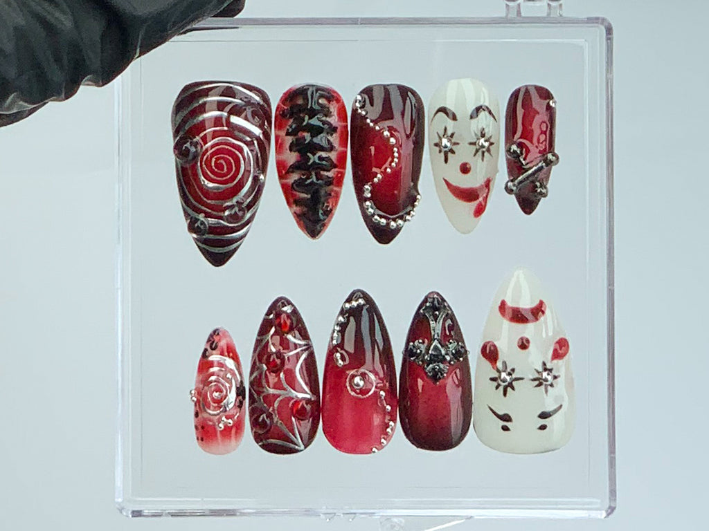 Red Gothic Clown Press-On Nails | Horror Clown Acrylic Nails | Spooky Y2K Halloween Nail Art | 3D Gothic Fake Nails | Unique Design | OB587Y