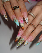 Tropical Summer 3D Press On Nails by Icy Nails 4u | Luxury Floral & Crystal Stiletto | OB01LU