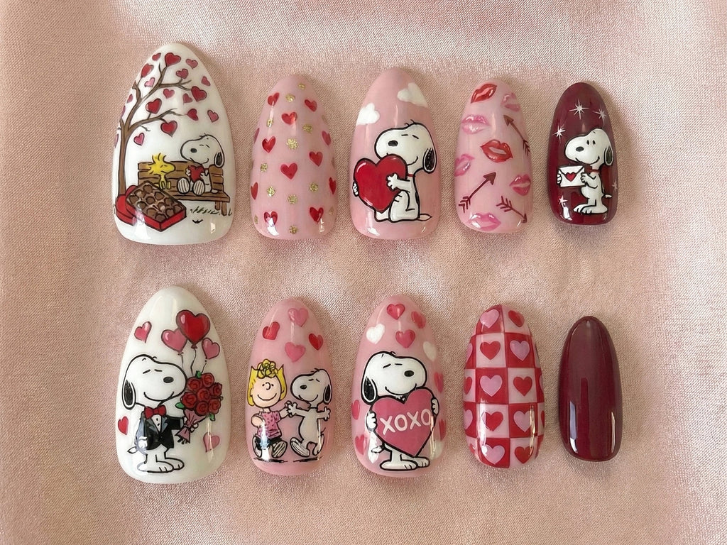 Snoopy Love Story Press On Nails | Valentine Cartoon Nails | Pink Heart Nail Art | Cute Snoopy & Peanuts Design | Handmade Press Ons | OB14L