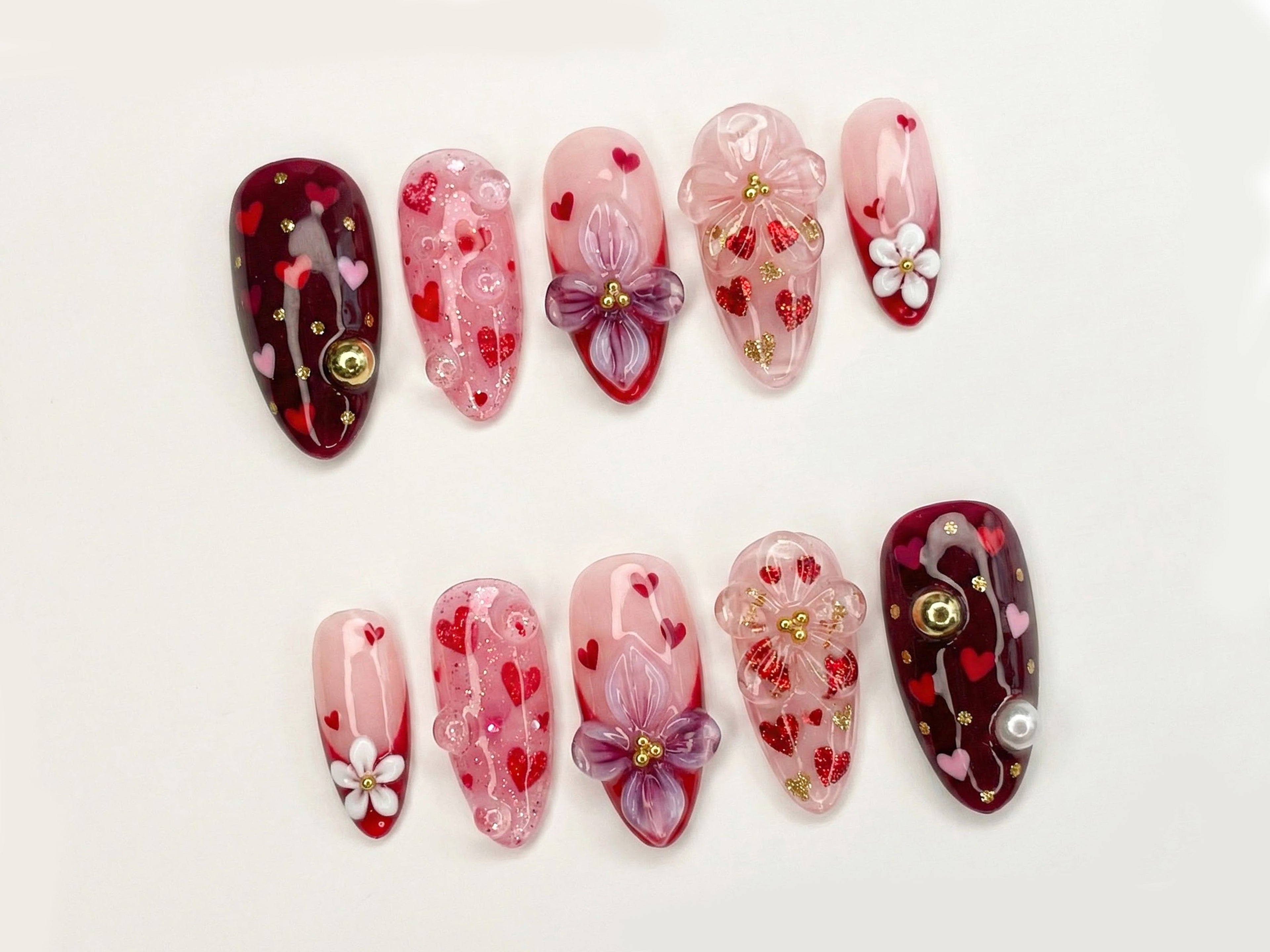 Sweetheart Bloom Press On Nails | Valentine Heart Nails | Pink Red Romantic Nails | 3D Flower Press On Nails | Handmade Love Nail Art |  OB13L