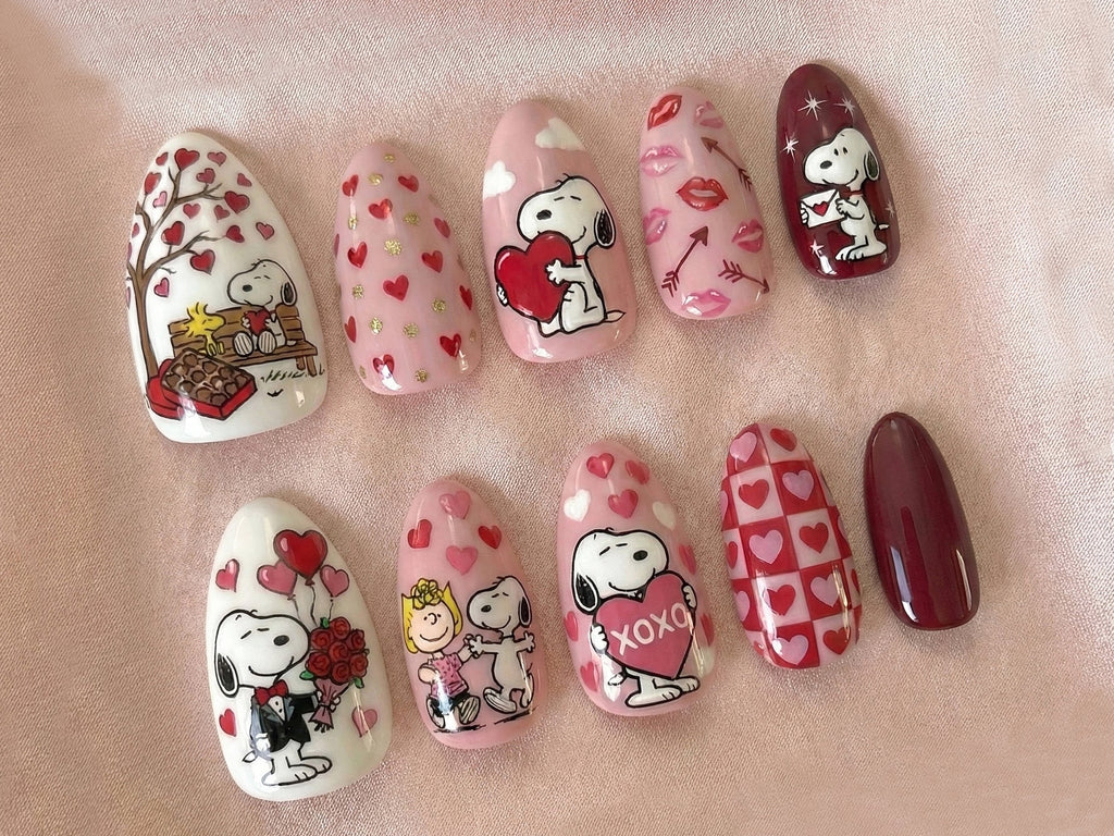 Snoopy Love Story Press On Nails | Valentine Cartoon Nails | Pink Heart Nail Art | Cute Snoopy & Peanuts Design | Handmade Press Ons | OB14L