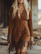 Western Style Tassel Brown Faux Suede Long Seleve Mini Dress