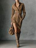 Suede Single Breasted Lapel Long Sleeve Midi Dress（Includes belt）