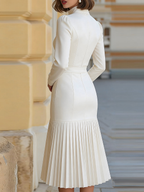 White Turtleneck Long-sleeved Pleated Midi Dress (with belt)