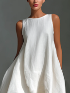 White Round Neck Sleeveless Midi Dress With Asymmetrical Hem