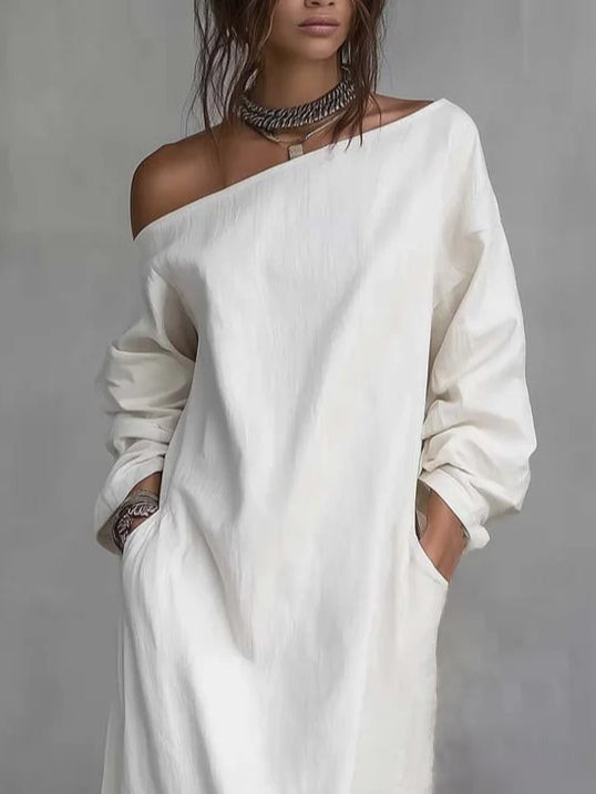 White One-shoulder Faux Cotton Linen Loose-fitting Midi Dress