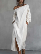 White One-shoulder Faux Cotton Linen Loose-fitting Midi Dress