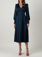 Satin Solid Balloon Sleeve V Neck Midi Dress