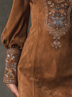 Vintage Brown V-Neck Suede Embroidered Mini Dress