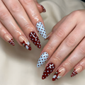 Nail Tabs for Press On Nails – Nude Brown Blue Polka Dot French Tip Cute Nails | OB01L