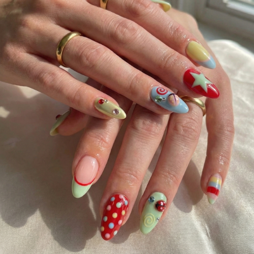 Press On Nails Adhesive Tabs with Colorful Pastel Dot & Star Art Design. Handmade Long Playful Fake Nails for Dopamine Aesthetic or Kawaii Statement Look | OB03LN