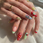 Press On Nails Adhesive Tabs with Colorful Pastel Dot & Star Art Design. Handmade Long Playful Fake Nails for Dopamine Aesthetic or Kawaii Statement Look | OB03LN