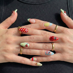 Press On Nails Adhesive Tabs with Colorful Pastel Dot & Star Art Design. Handmade Long Playful Fake Nails for Dopamine Aesthetic or Kawaii Statement Look | OB03LN
