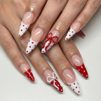 Press On Nails Adhesive Tabs with Red & White Polka Dot French Tip and 3D Bow Design. Handmade Long Stiletto Fake Nails for Valentine Look or Coquette Aesthetic Nails | OB7L