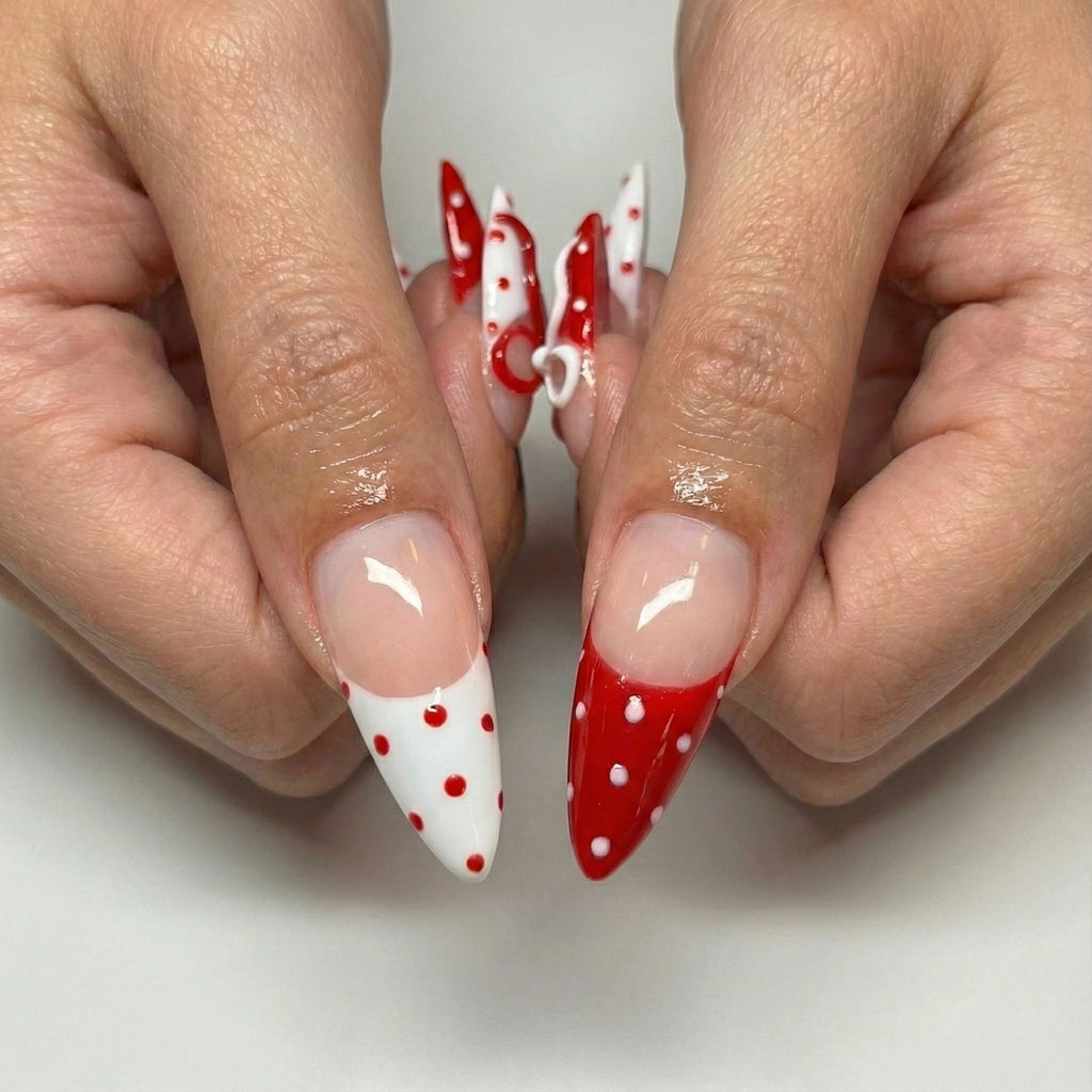 Press On Nails Adhesive Tabs with Red & White Polka Dot French Tip and 3D Bow Design. Handmade Long Stiletto Fake Nails for Valentine Look or Coquette Aesthetic Nails | OB7L