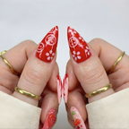 Press On Nails Adhesive Tabs with Red Cherry & Heart Swirl Art Design. Handmade Long Stiletto Fake Nails for Valentine Aesthetic or Romantic Statement Look | OB02LN