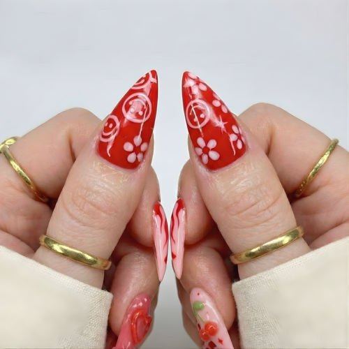 Press On Nails Adhesive Tabs with Red Cherry & Heart Swirl Art Design. Handmade Long Stiletto Fake Nails for Valentine Aesthetic or Romantic Statement Look | OB02LN