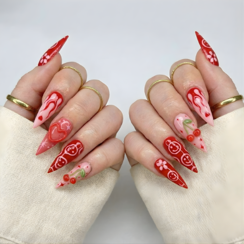 Press On Nails Adhesive Tabs with Red Cherry & Heart Swirl Art Design. Handmade Long Stiletto Fake Nails for Valentine Aesthetic or Romantic Statement Look | OB02LN