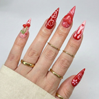 Press On Nails Adhesive Tabs with Red Cherry & Heart Swirl Art Design. Handmade Long Stiletto Fake Nails for Valentine Aesthetic or Romantic Statement Look | OB02LN