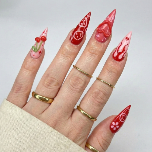 Press On Nails Adhesive Tabs with Red Cherry & Heart Swirl Art Design. Handmade Long Stiletto Fake Nails for Valentine Aesthetic or Romantic Statement Look | OB02LN